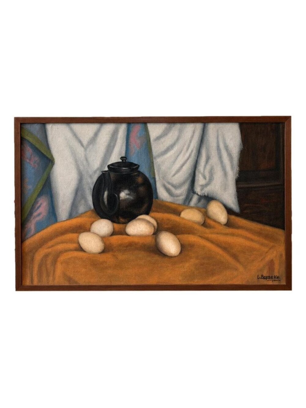 Vintage Mid Century Signed Still Life Oil Painting With Black Teapot & Eggs
